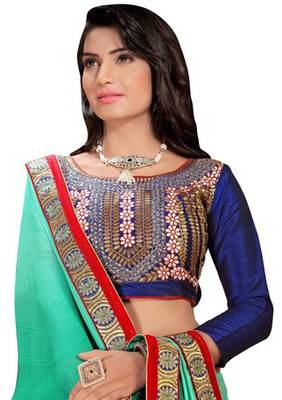 green embroidered faux jacquard saree with blouse 2