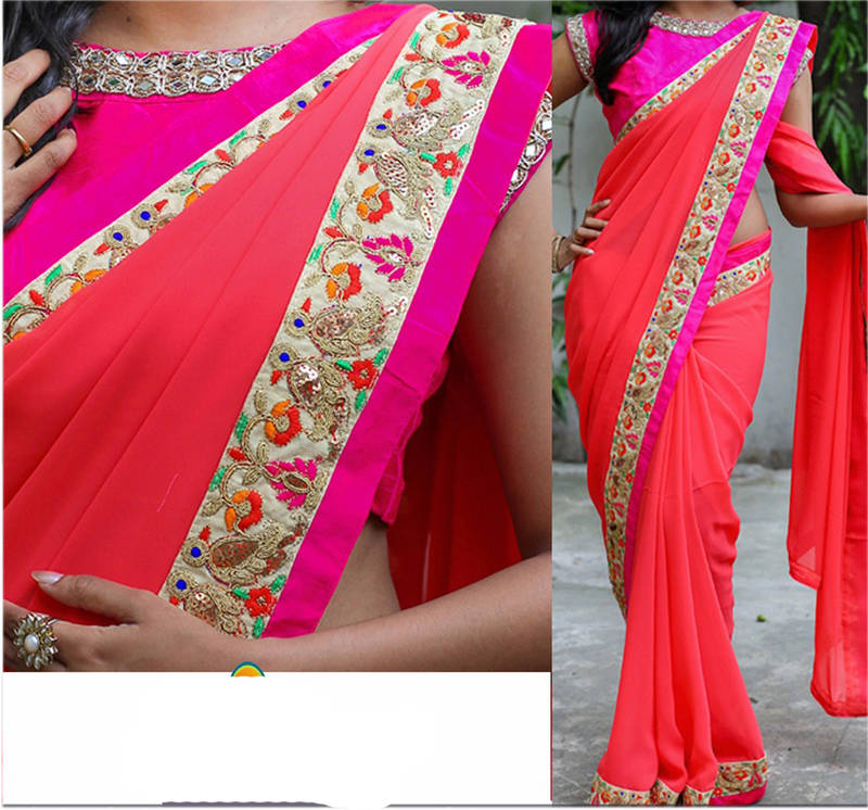 Women's Georgette Red Embroidered Designer Saree With Blouse Piece