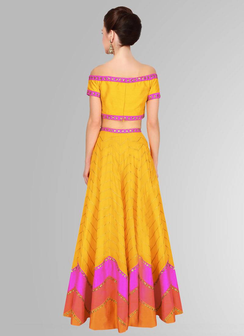 Yellow Printed Raw Silk unstitched lehenga-choli