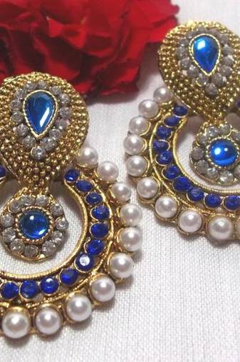 Blue stone pearl polki earrings