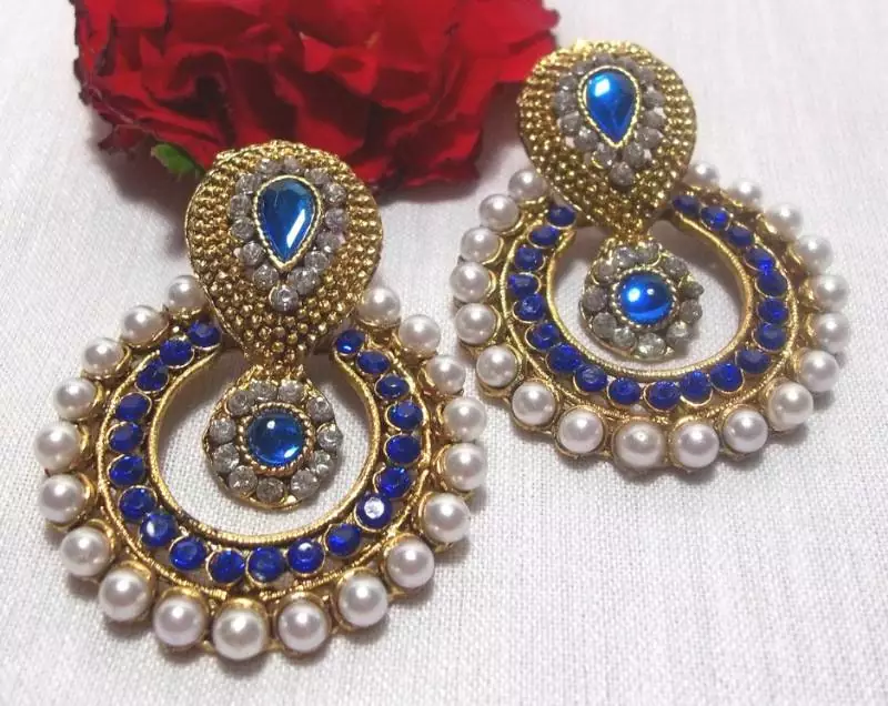 Blue stone pearl polki earrings