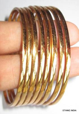 PLAIN THIN 8 BANGLE SET GOLD TONE sz 2.10 XXL 1