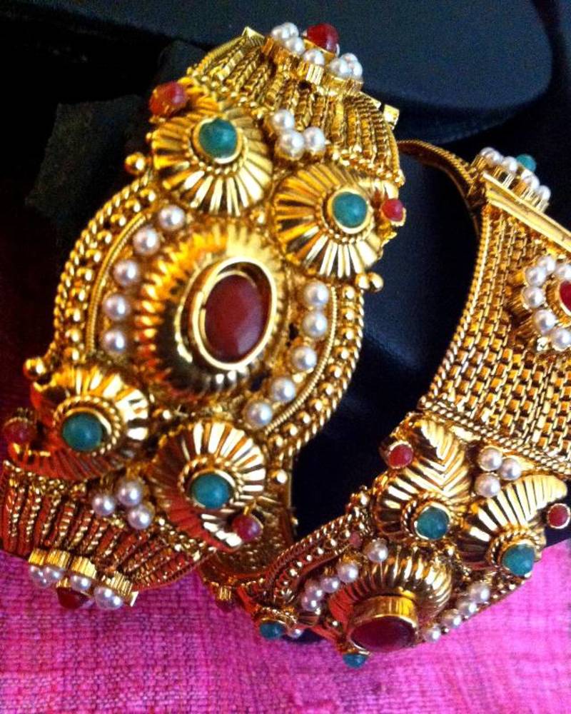 Pair of 2 Bangles,Golden Finish Very Ethnic Adjustable Maroon Green Stone Pearl Kada Bangle rj21 - ADIVA - 169398