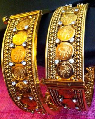 A pair of Golden Finish Lakshmi Ginni South Indian Temple Flexible Bangle Kada 1