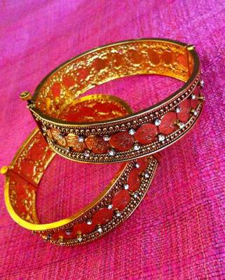 A pair of Golden Finish Lakshmi Ginni South Indian Temple Flexible Bangle Kada 2