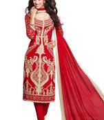 Red And Beige Printed Synthetic Unstitched Kameez With Dupatta