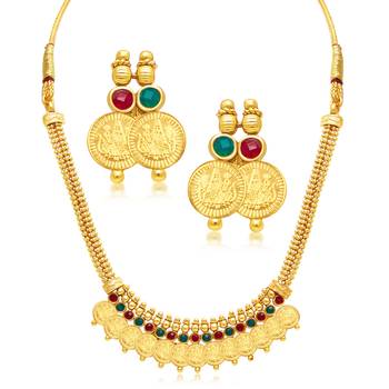 Stylish Laxmi Coin Temple Gold Plated Necklace Set For Women 1