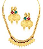 Stylish Laxmi Coin Temple Gold Plated Necklace Set For Women