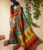 multicolor printed tussar silk saree With Blouse