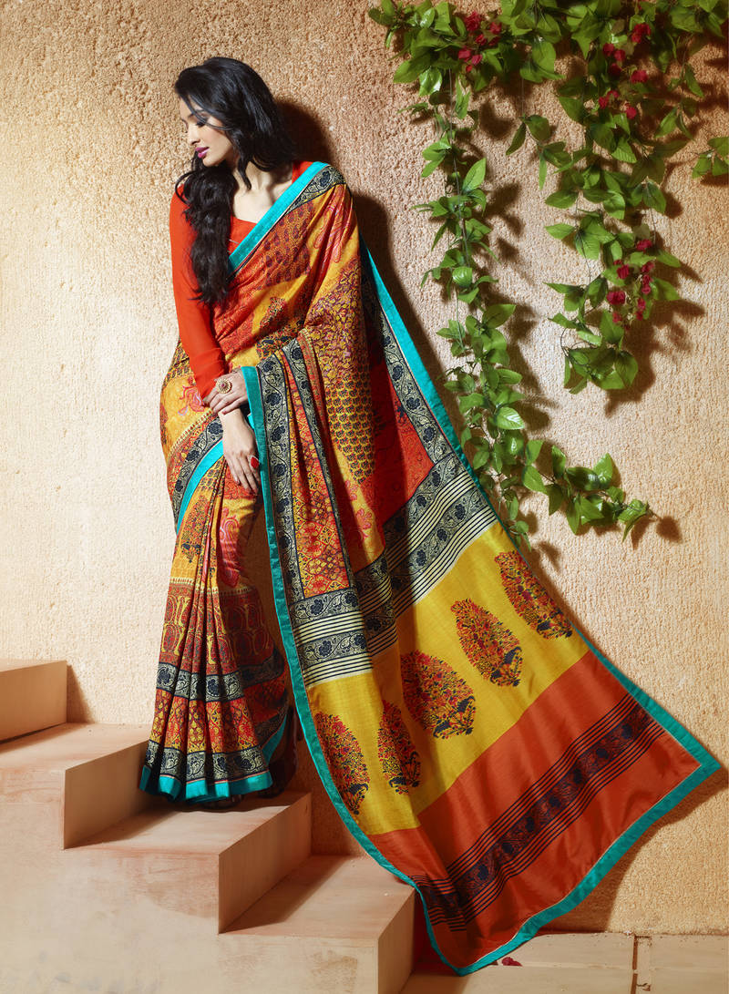 multicolor printed tussar silk saree With Blouse
