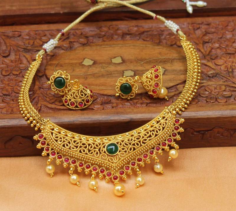 Designer Gold Plated Kempu Necklace
