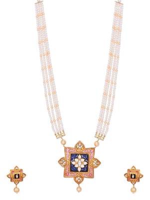 Pink Meenakari Lotus Gold Plated Necklace And Earrings Set 1