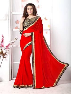 Red  embroidered chiffon saree with blouse 1