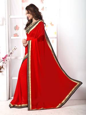 Red  embroidered chiffon saree with blouse 2