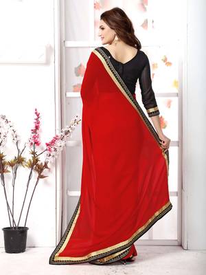 Red  embroidered chiffon saree with blouse 3