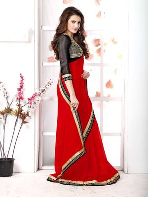 Red  embroidered chiffon saree with blouse 4