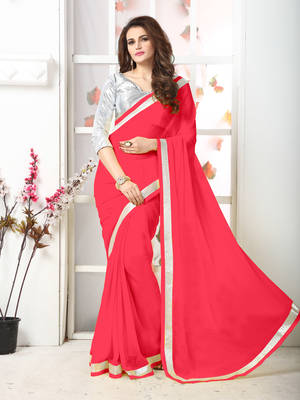 Pink  Embroidery chiffon saree with blouse 1