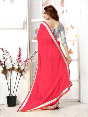 Pink  Embroidery chiffon saree with blouse 3