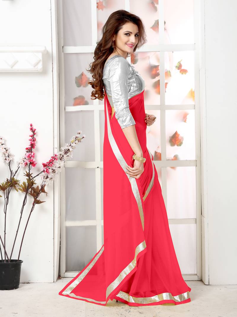 Pink  Embroidery chiffon saree with blouse