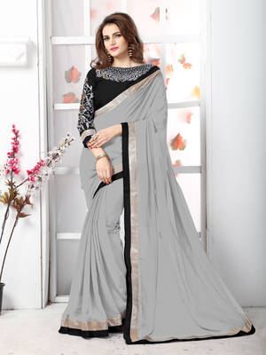 Grey plain chiffon saree with blouse 1