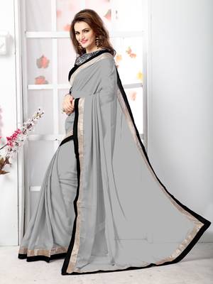 Grey plain chiffon saree with blouse 2