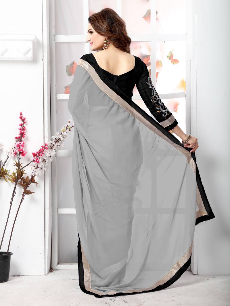 Grey plain chiffon saree with blouse