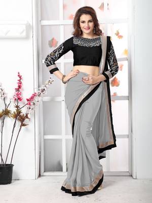 Grey plain chiffon saree with blouse 5