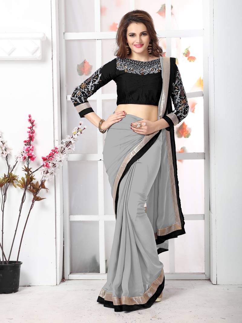 Grey plain chiffon saree with blouse
