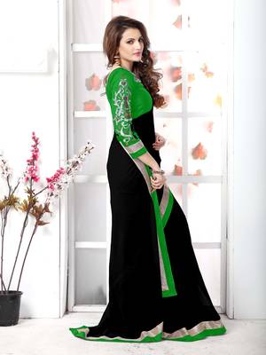 Black plain chiffon saree with blouse 3