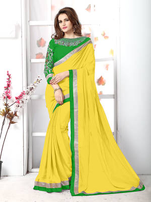 Yellow plain chiffon saree with blouse 1