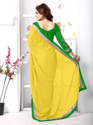 Yellow plain chiffon saree with blouse 3
