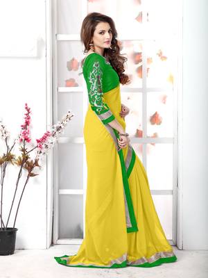 Yellow plain chiffon saree with blouse 4