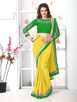 Yellow plain chiffon saree with blouse 5