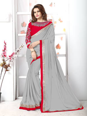 Grey plain chiffon saree with blouse 1