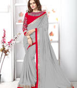 Grey plain chiffon saree with blouse