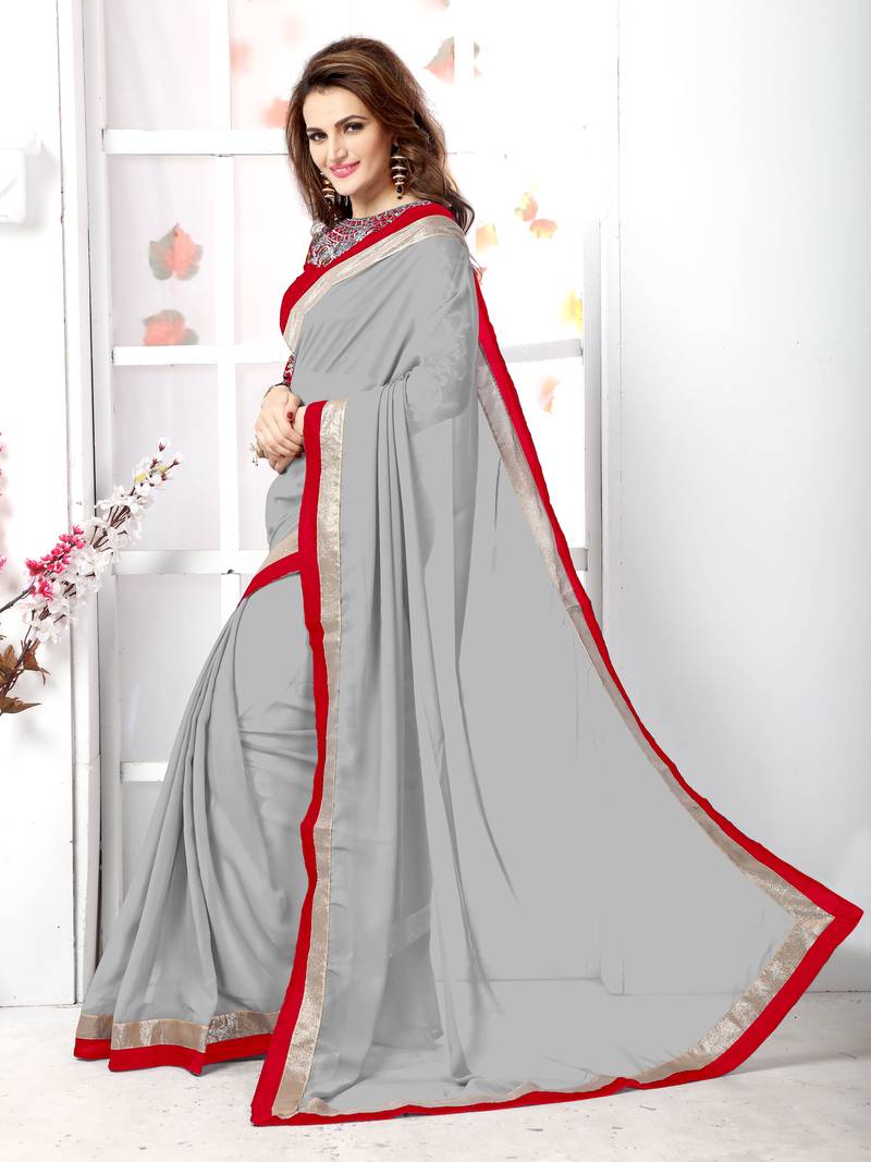 Grey plain chiffon saree with blouse