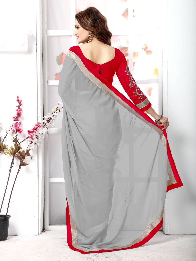 Grey plain chiffon saree with blouse