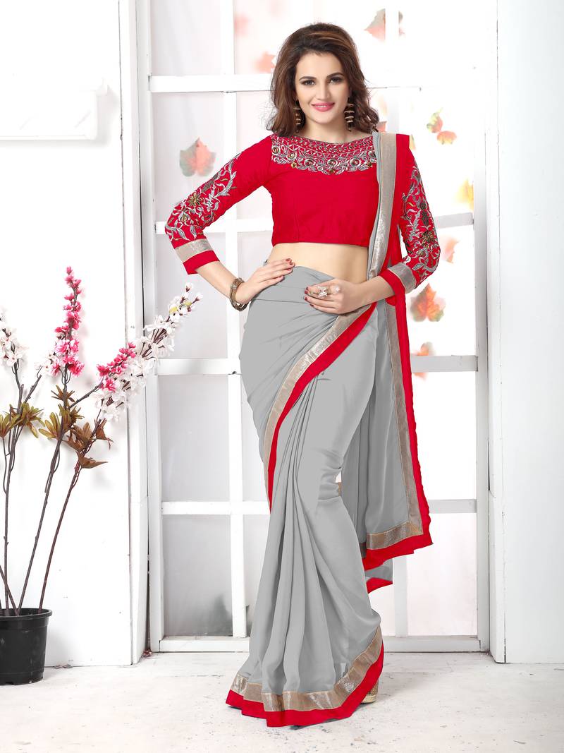 Grey plain chiffon saree with blouse