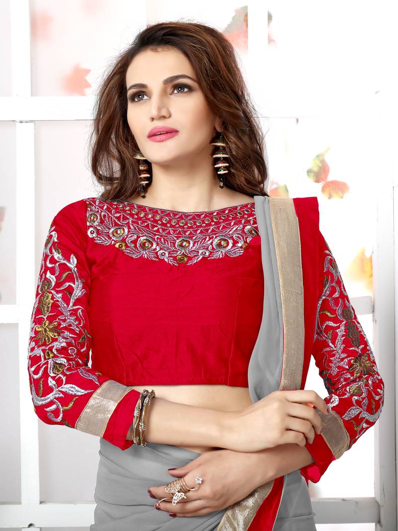 Grey plain chiffon saree with blouse