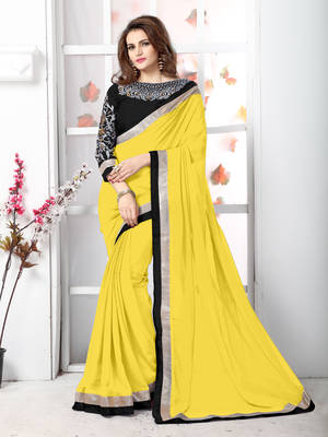 Yellow plain chiffon saree with blouse 1