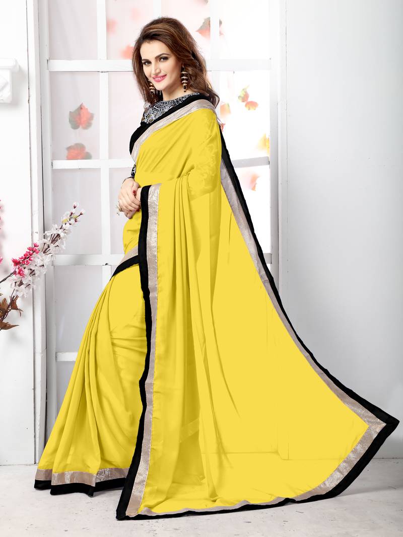 Yellow plain chiffon saree with blouse