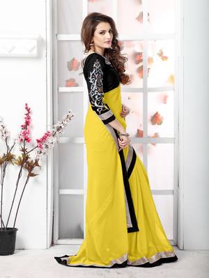 Yellow plain chiffon saree with blouse 4