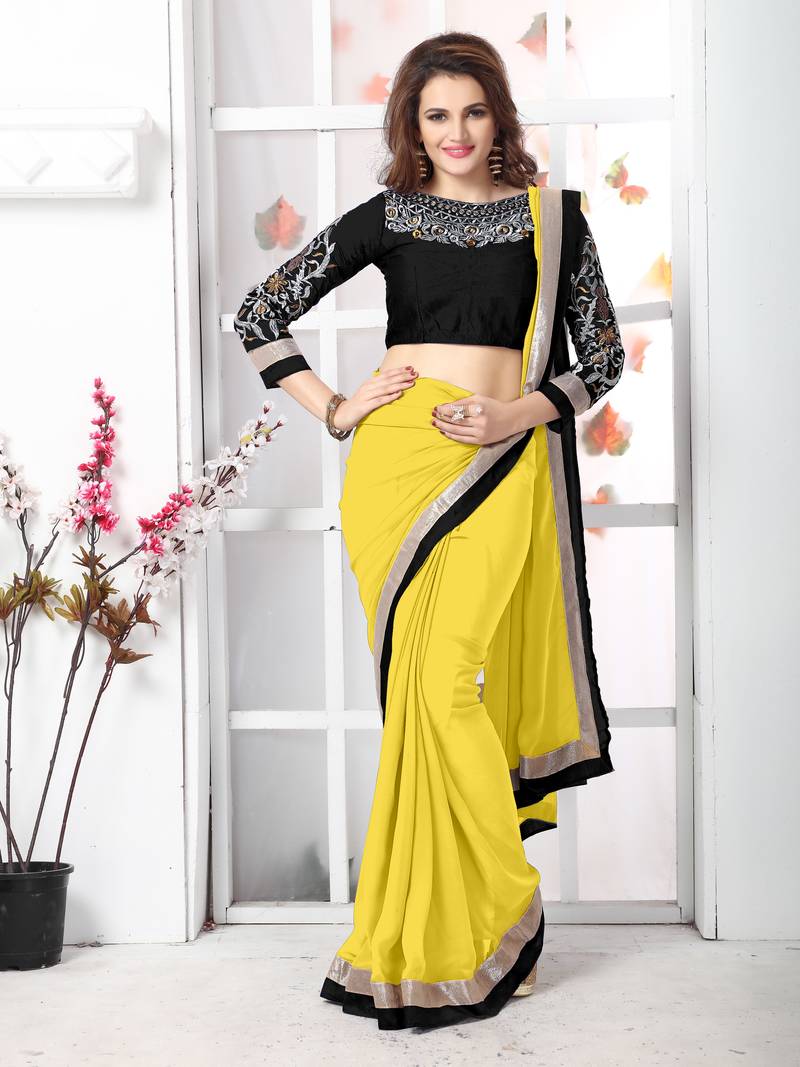 Yellow plain chiffon saree with blouse