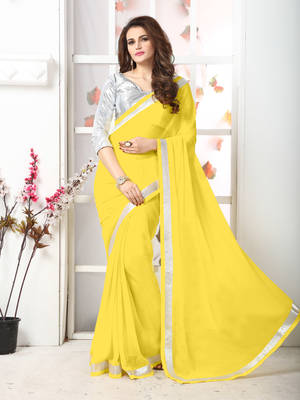 Yellow  Embroidery chiffon saree with blouse 1