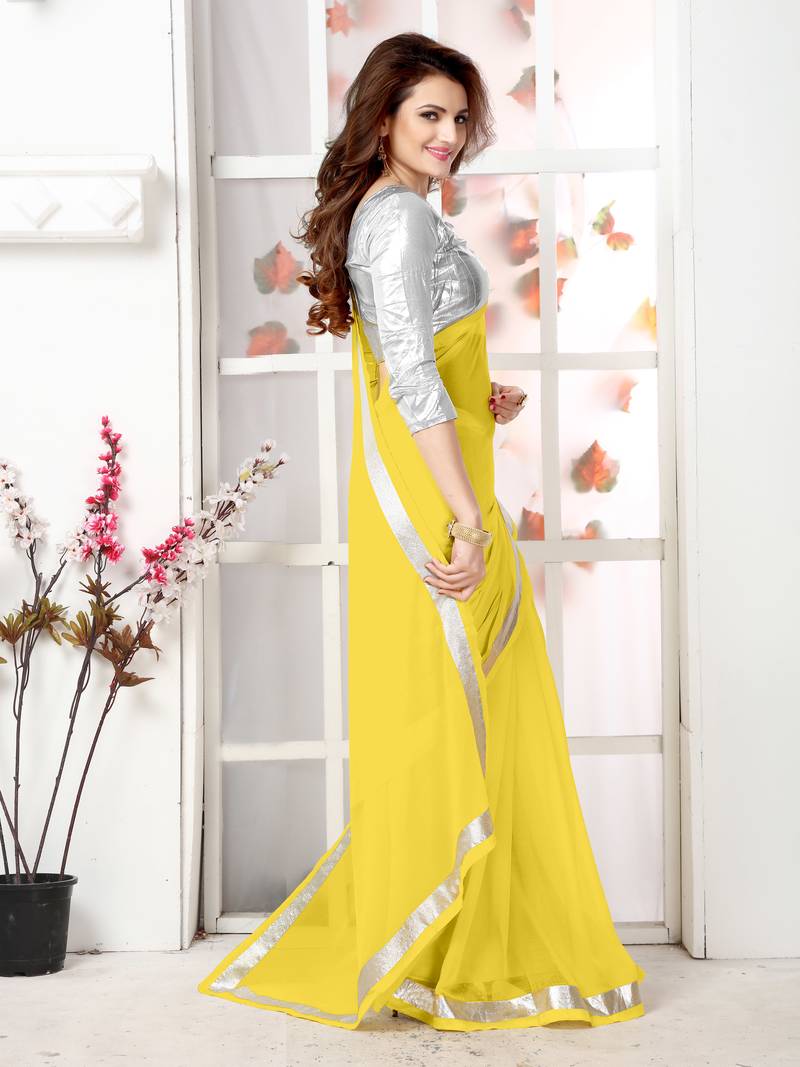 Yellow  Embroidery chiffon saree with blouse