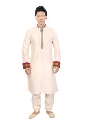 Beige Polysilk Plain Traditional Kurta 1