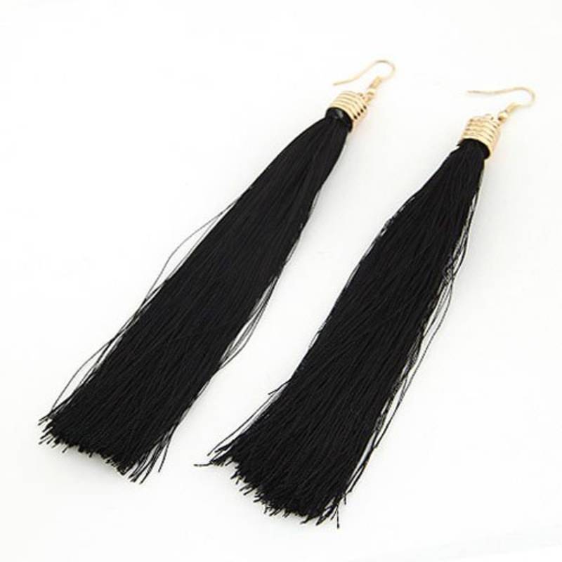 Black Long Satin Tassel Dangling Earrings