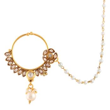 Flower AD Stone Bridal Jewelry Set Pierced Nose Ring Nathni with Chain 1