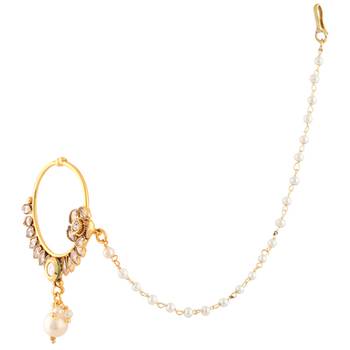 Flower AD Stone Bridal Jewelry Set Pierced Nose Ring Nathni with Chain 2