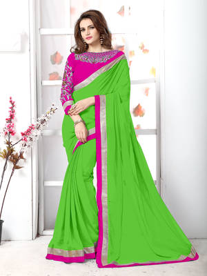 Green plain chiffon saree with blouse 1